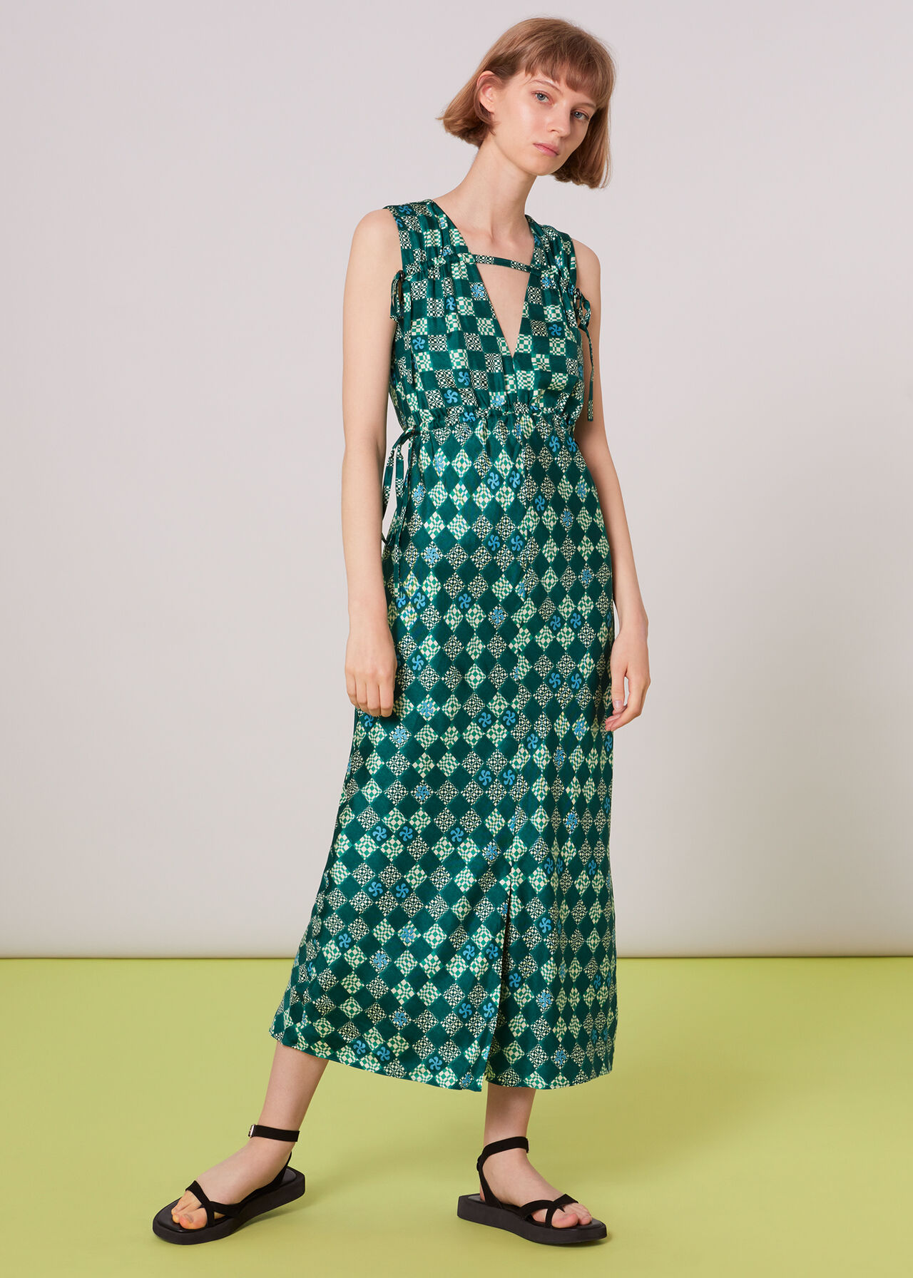Green/Multi Silk Checkerboard Dress | WHISTLES | Whistles