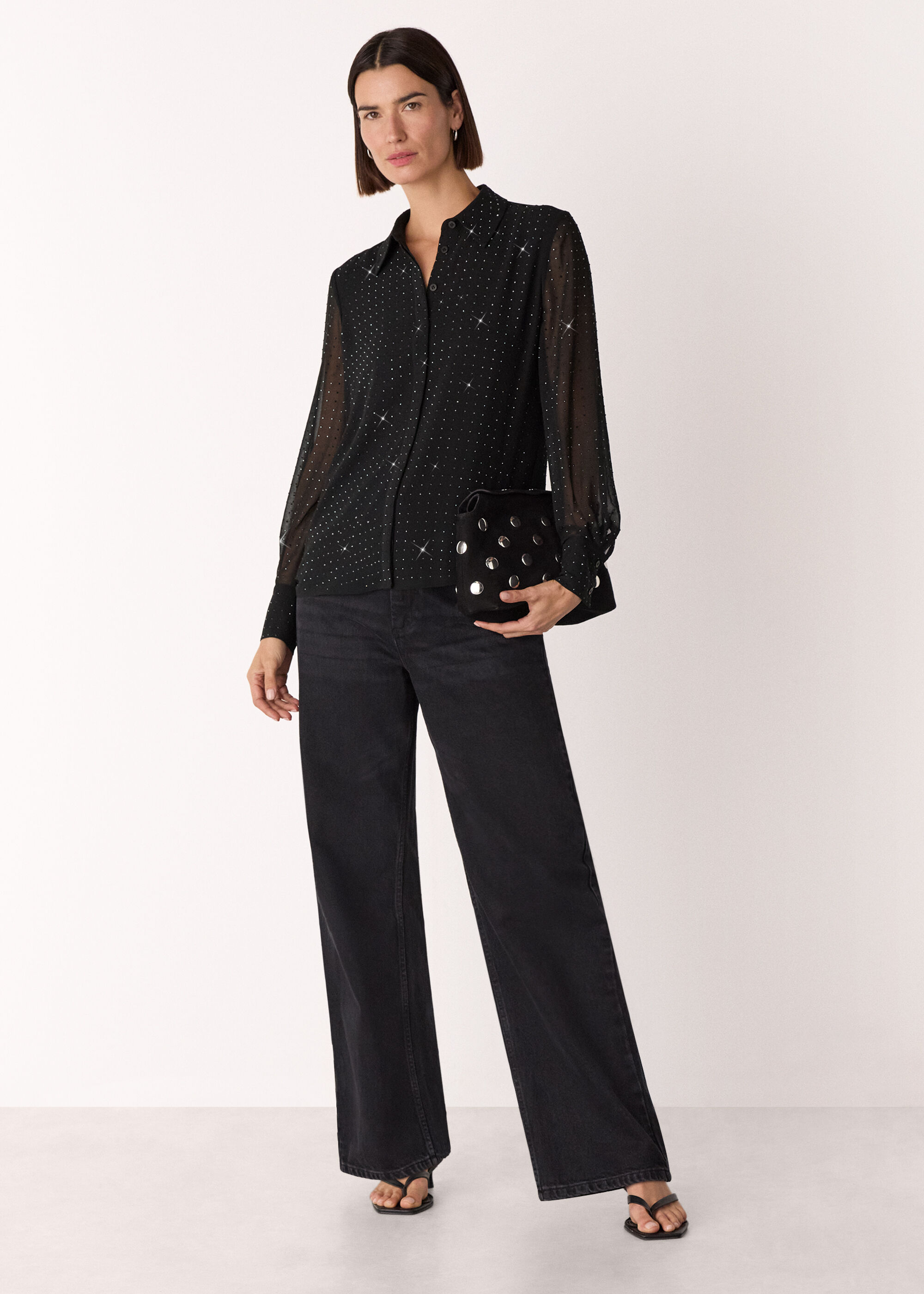 Black Hot Fix Sheer Shirt | WHISTLES | Whistles US |