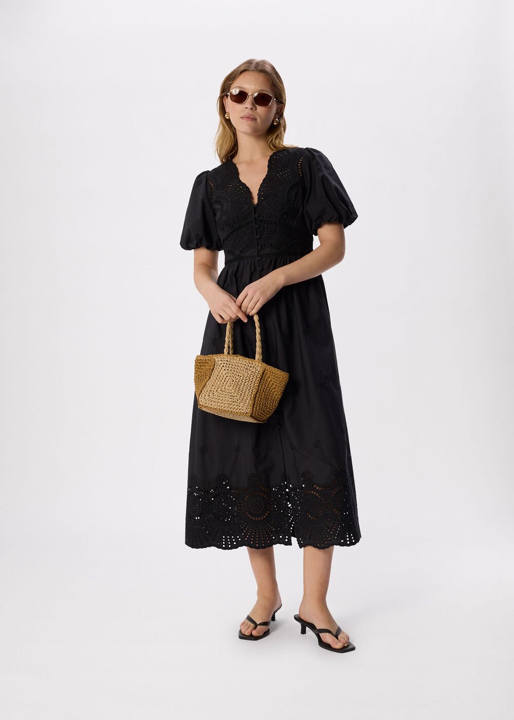 Petite Cotton Broderie V Neck Dress