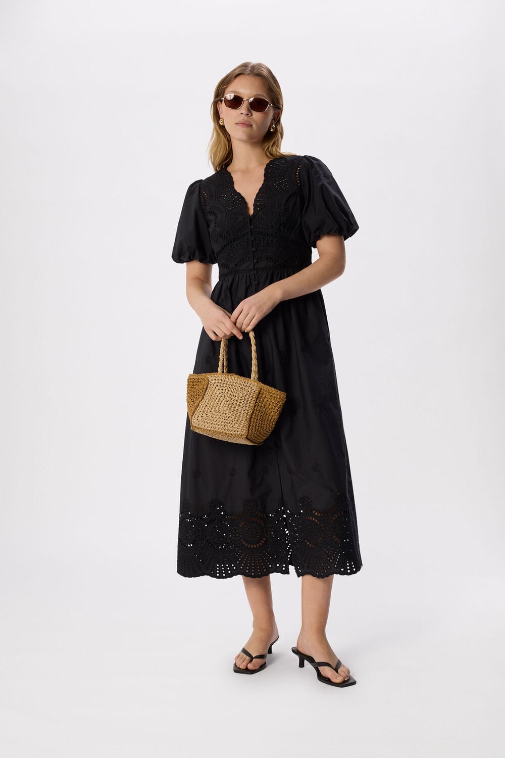 Black Petite Cotton Broderie V Neck Dress