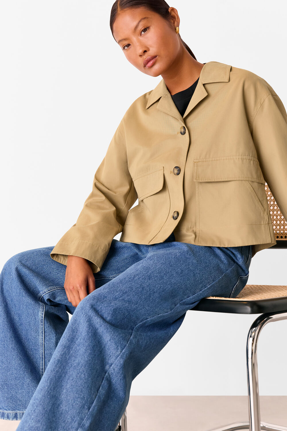 Neutral Petite Short Cotton Trench Jacket