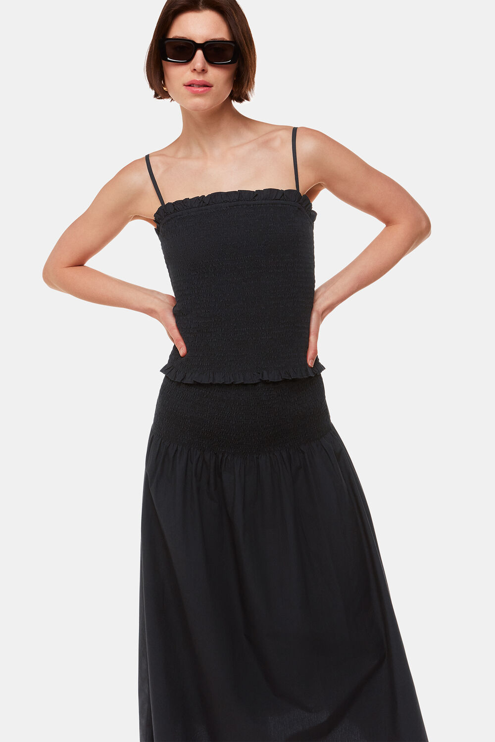 Black Louisa Smocked Midi Skirt