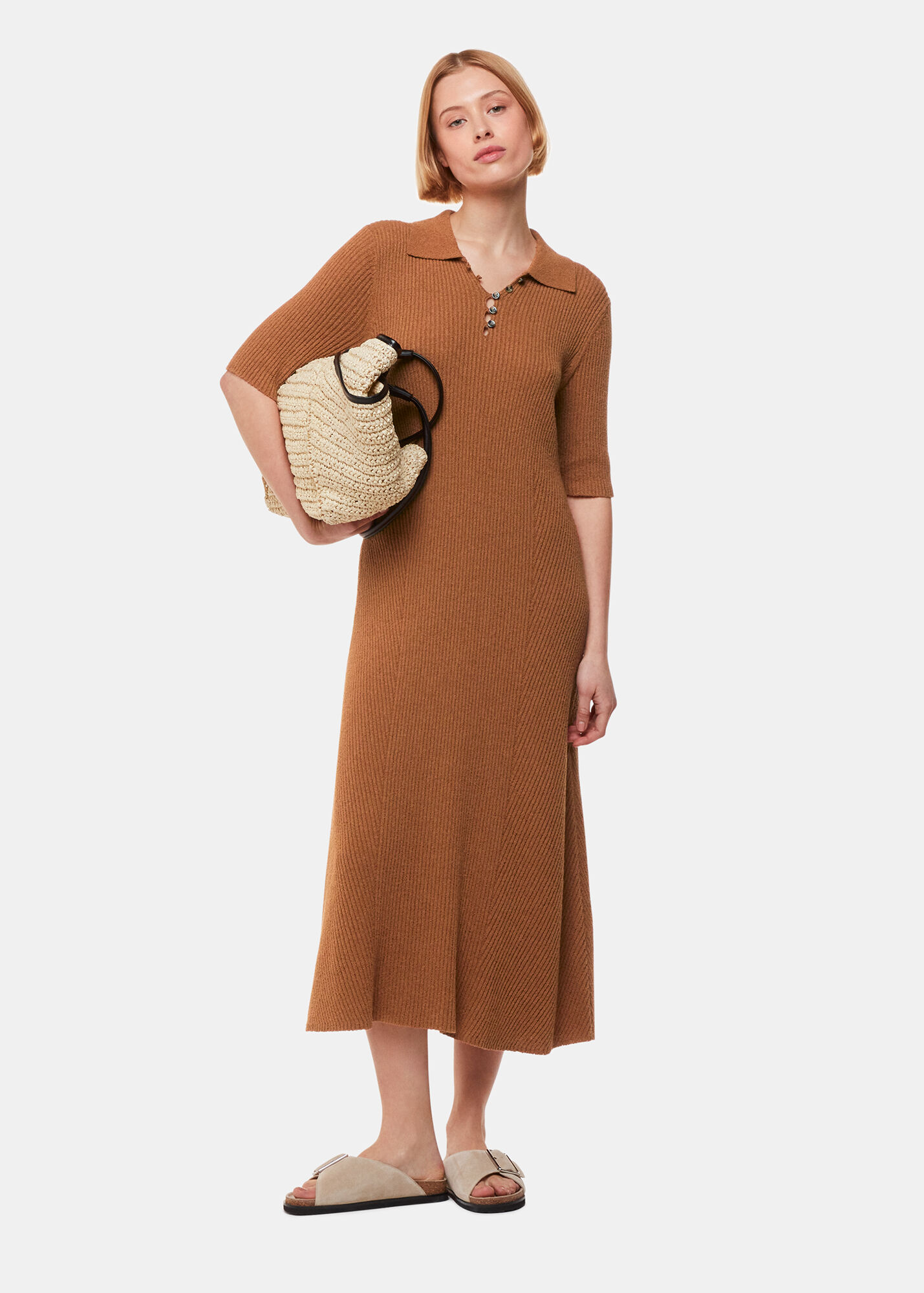 BOMBOM Ribbed Knit Sleeveless Midi Dress