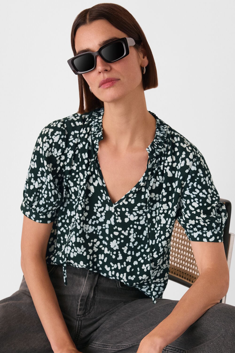 Teal Animal Tie Neck Blouse