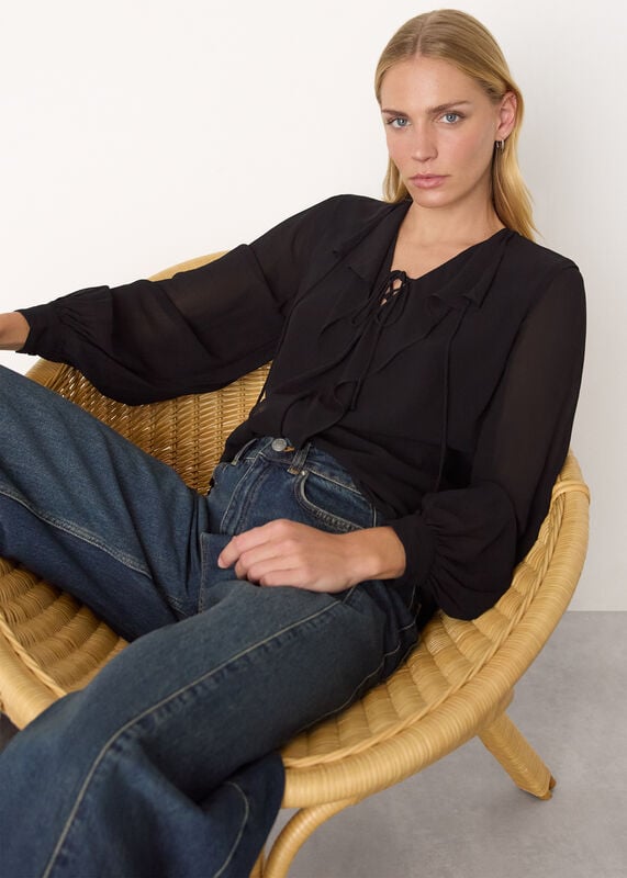 Black Sheer V Neck Frill Blouse