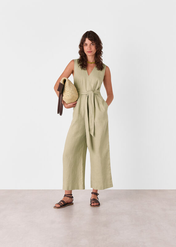 Neutral Belted Seamed Linen Jumpsuit