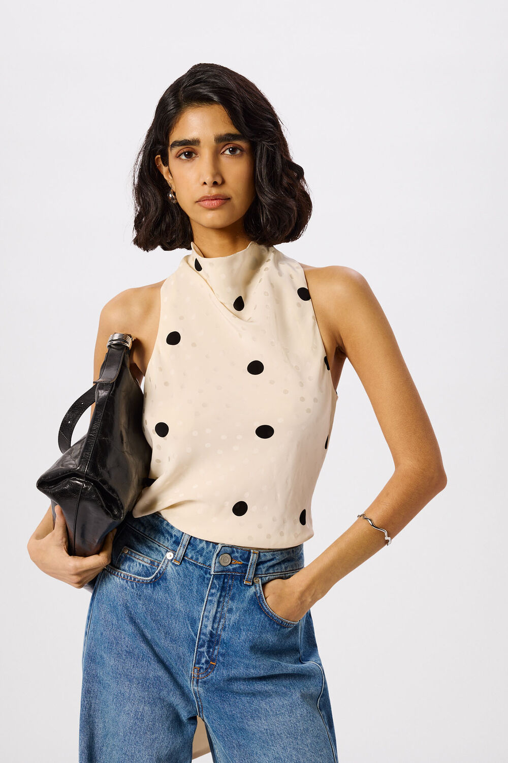 Cream Jacquard Spot Satin Halterneck