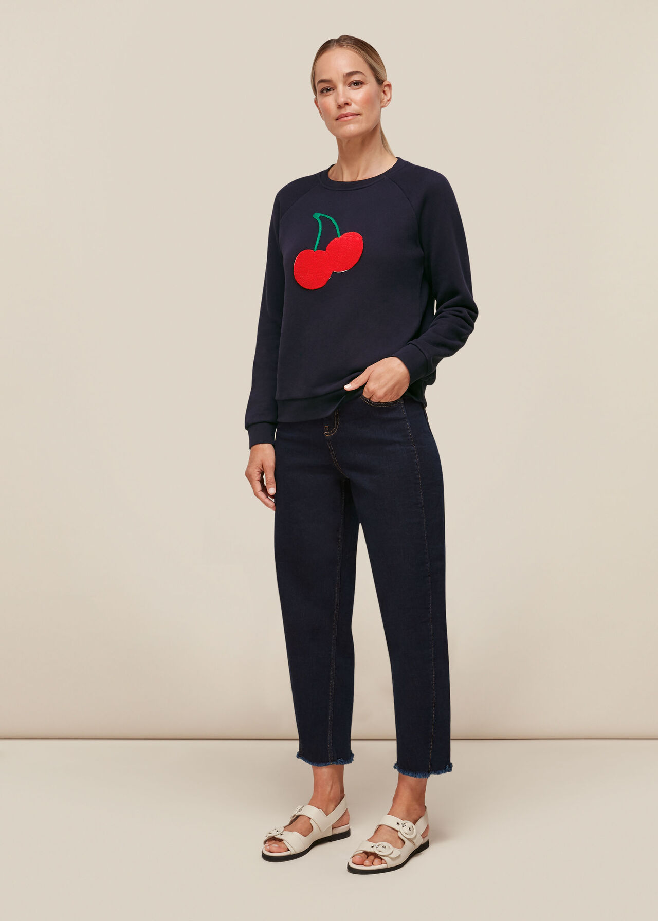 Navy Cherry Embroidered Sweat WHISTLES Whistles UK