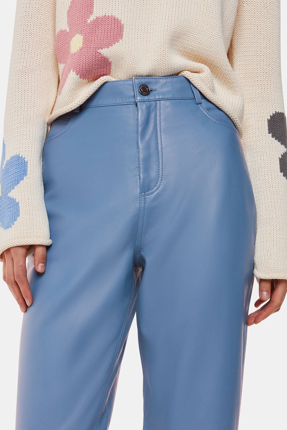 Blue Straight Leg Leather Trouser