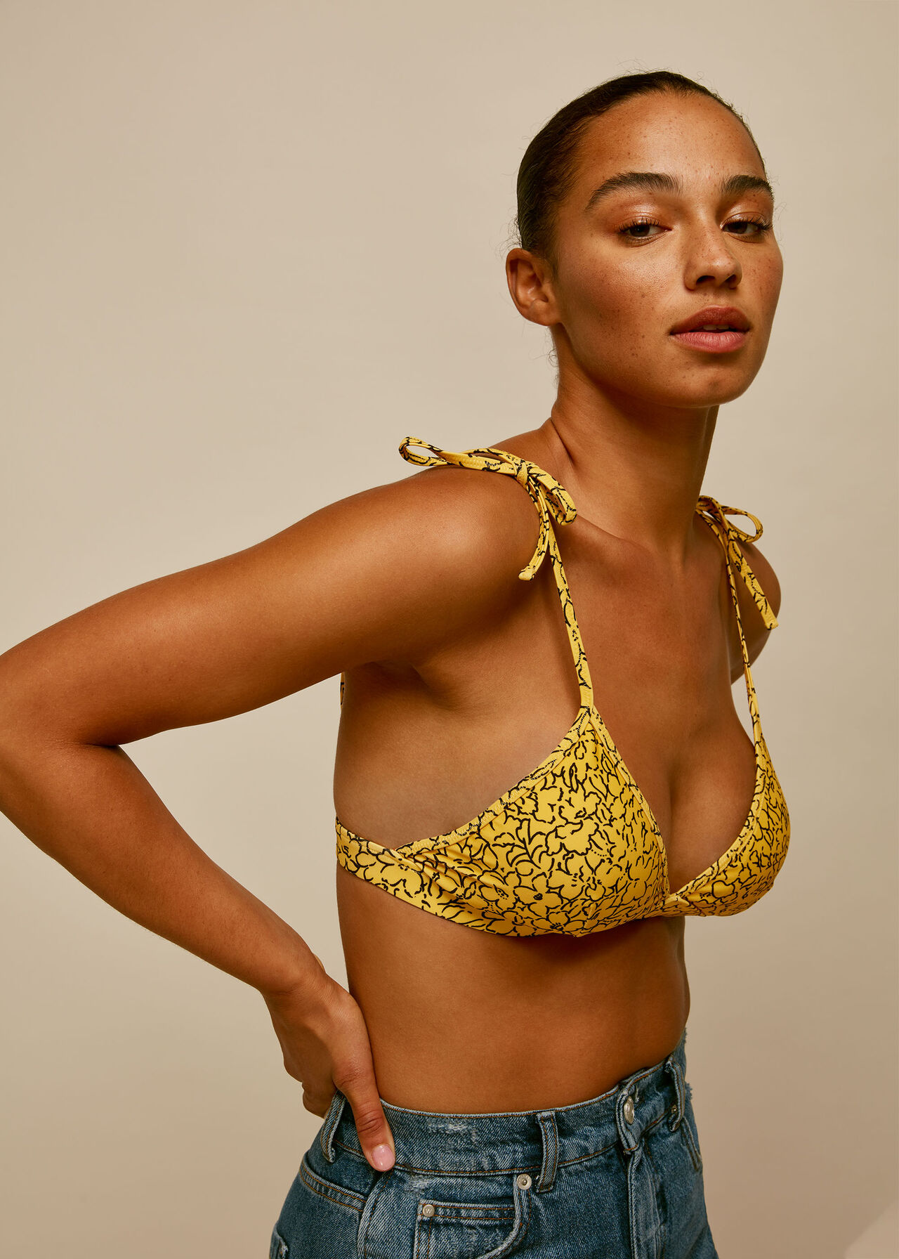 Floral Line Print Bikini Top Yellow