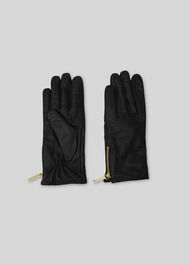 Zip Detail Leather Glove Black