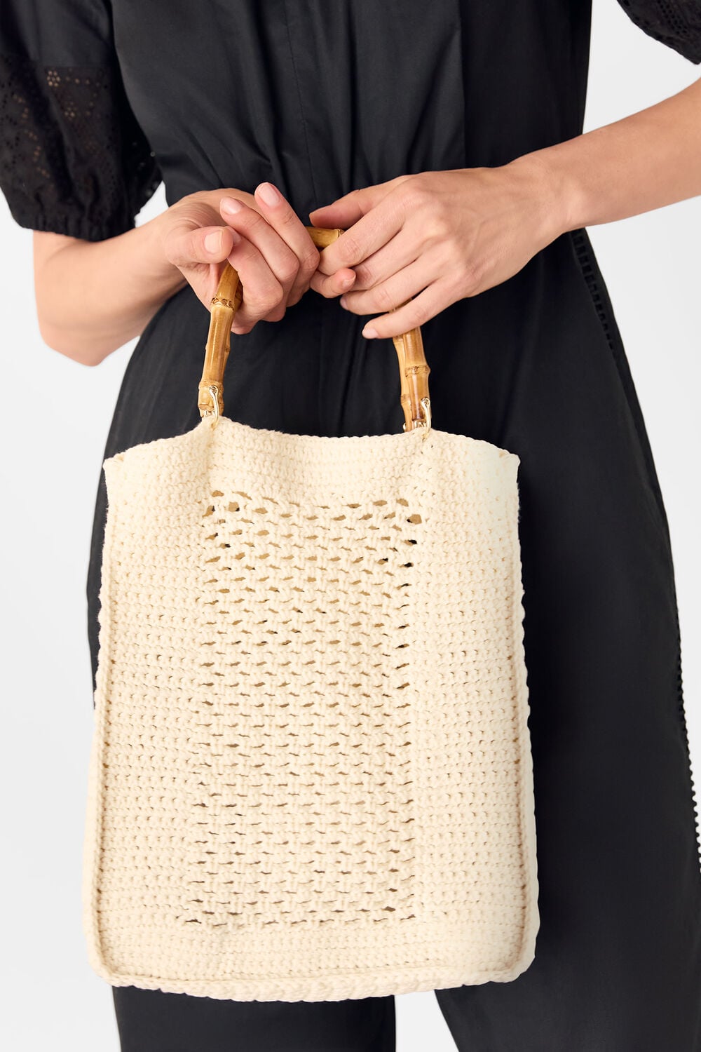 Cream Bamboo Handle Crochet Mini Bag