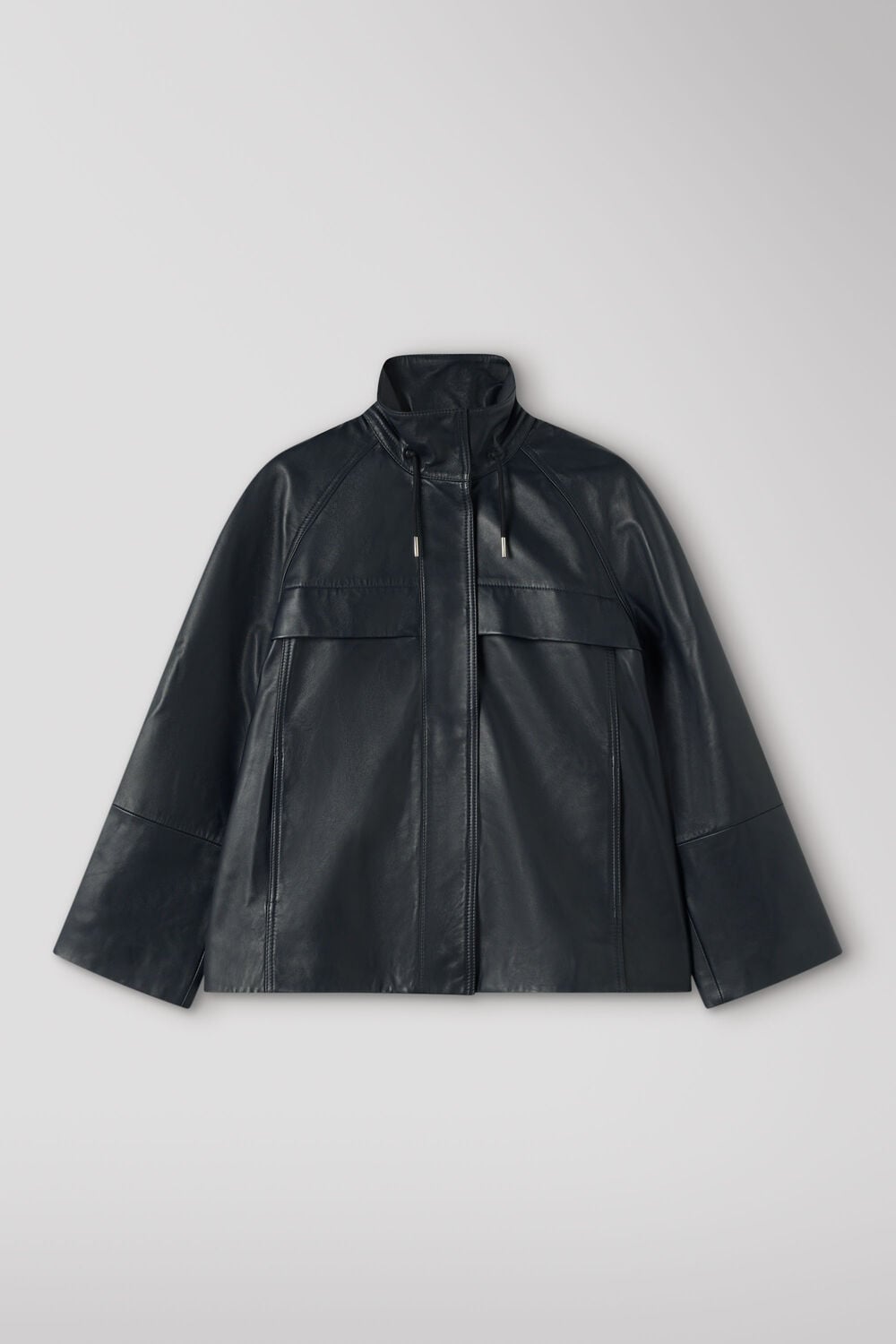 Navy Leather Funnel Neck Anorak