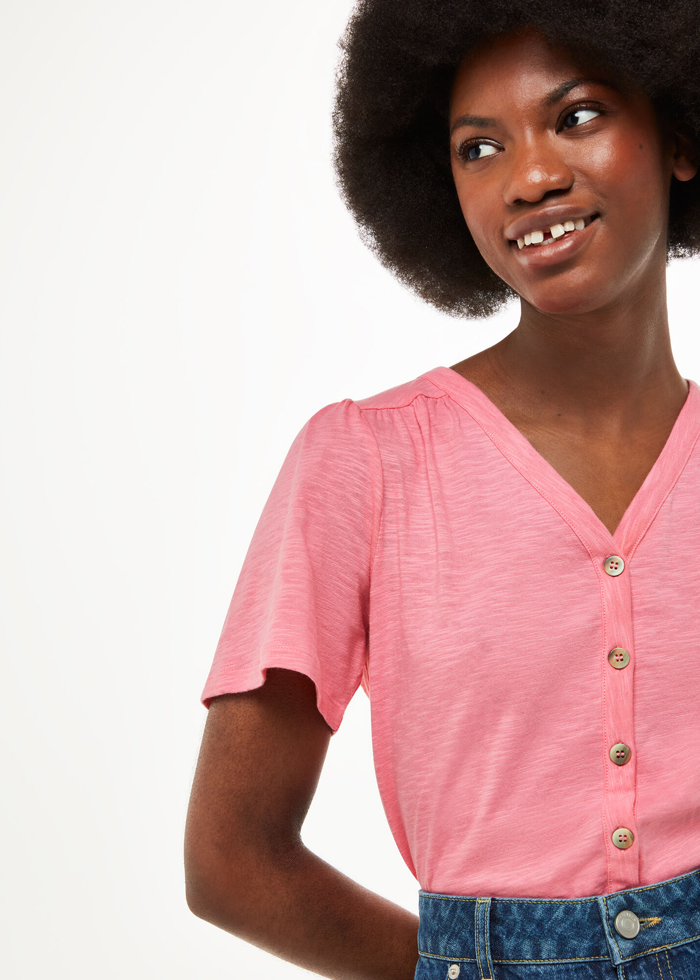 Pink Maeve V Neck Button Front Tee | WHISTLES