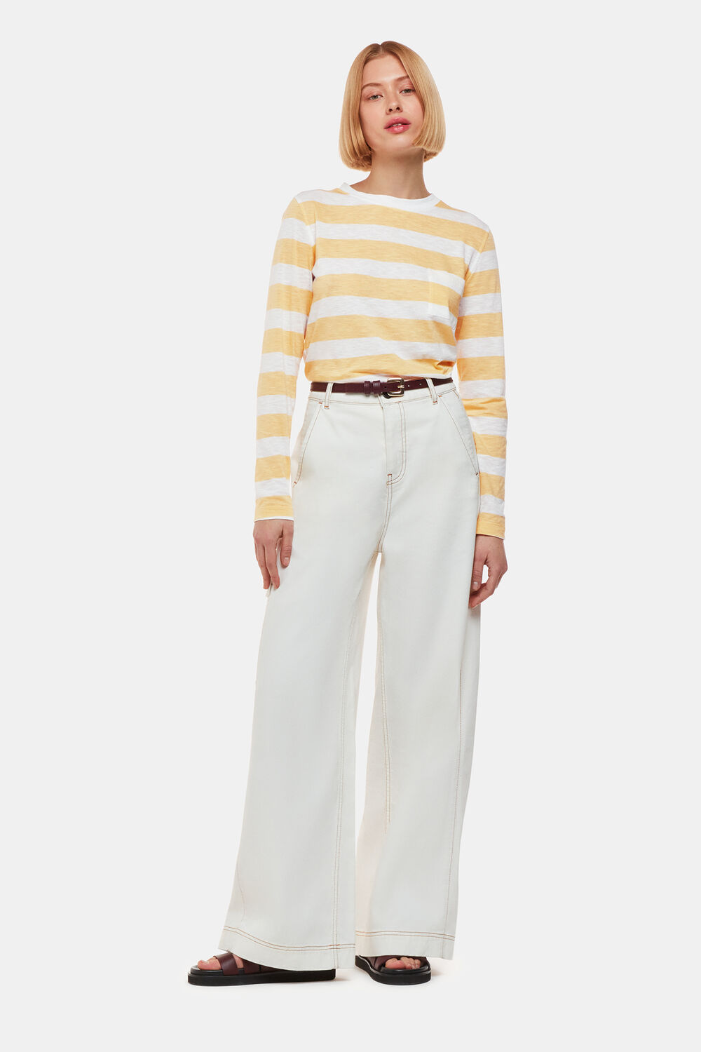 Yellow Crew Neck Stripe Pocket Top