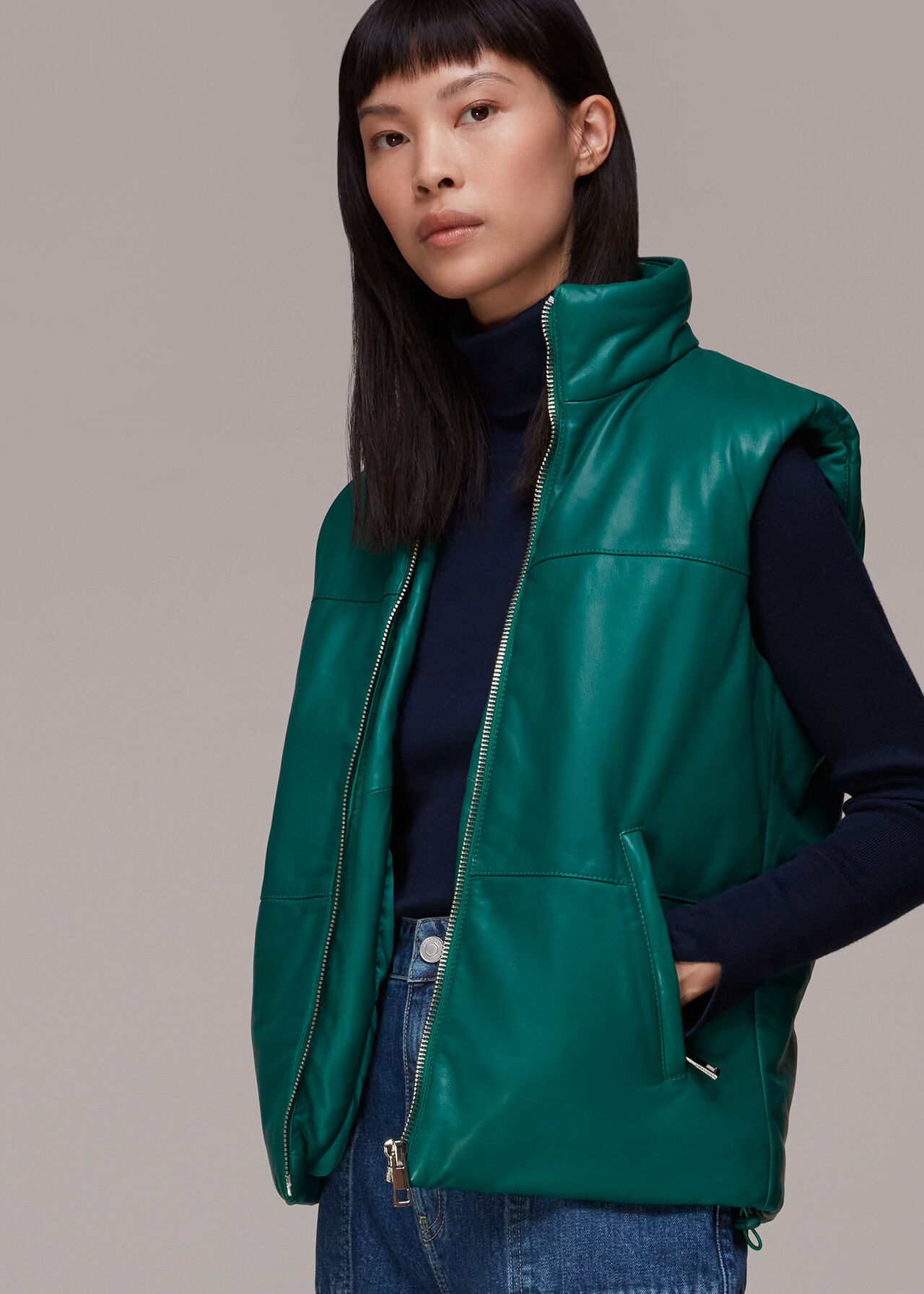 Dark Green Leather Puffer Quilted Gilet, WHISTLES