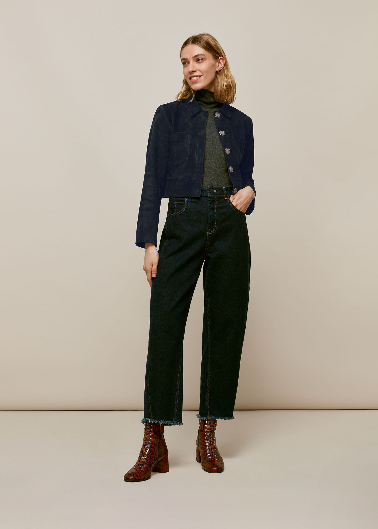 Selena Cropped Suede Jacket Navy