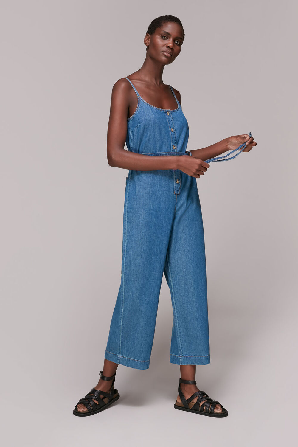 Strappy Button Denim Jumpsuit