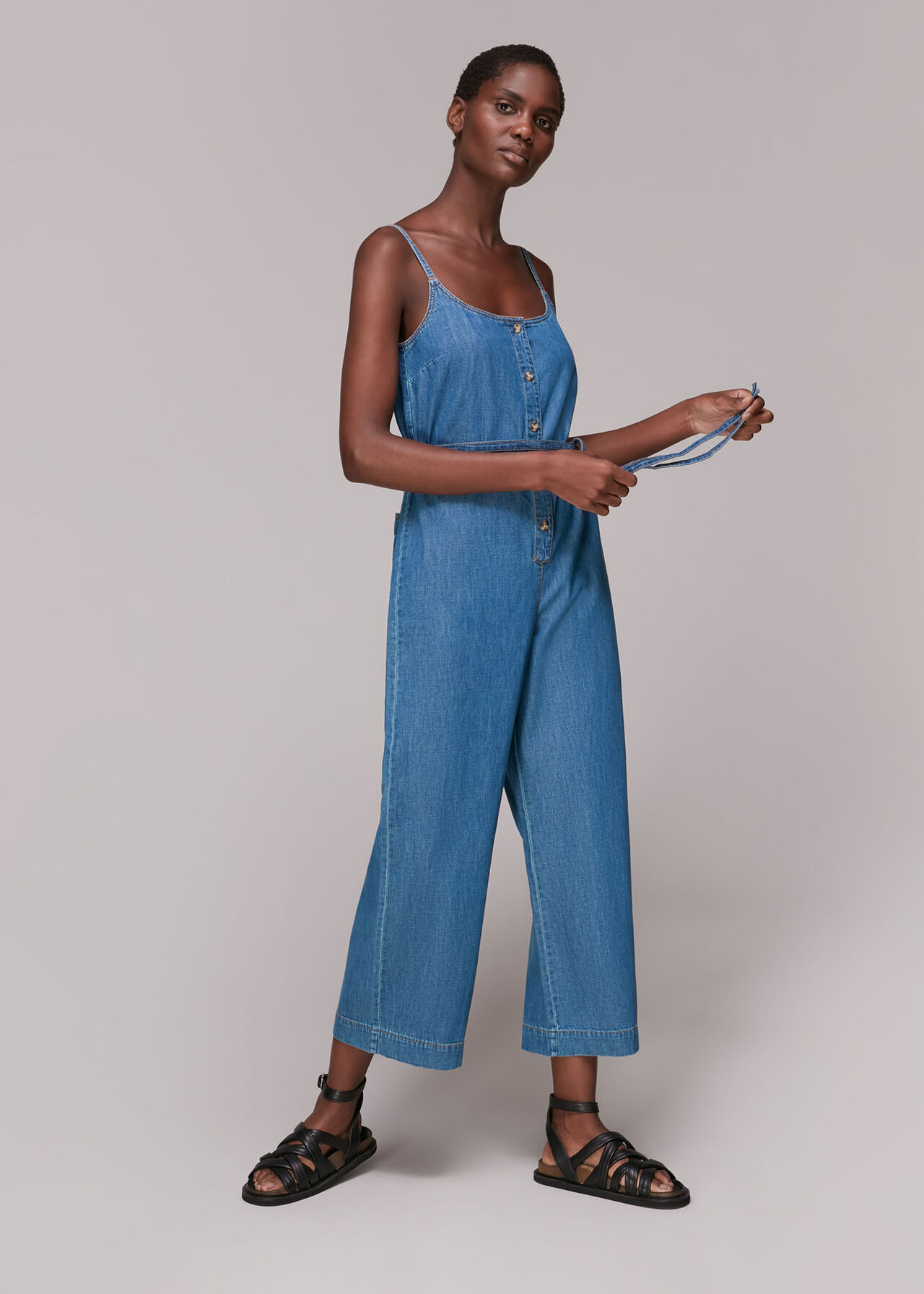 Strappy Button Denim Jumpsuit