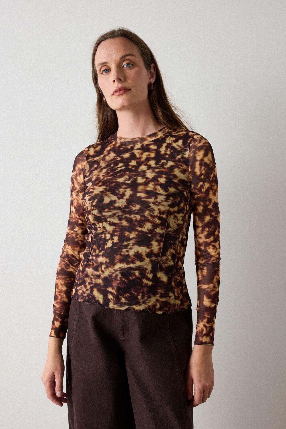 Brown Abstract Animal Mesh Top