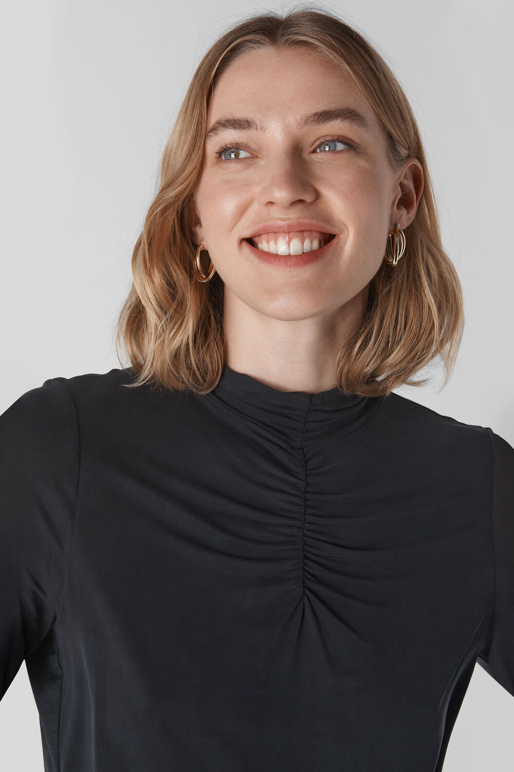High Neck Gathered Cupro Top Black