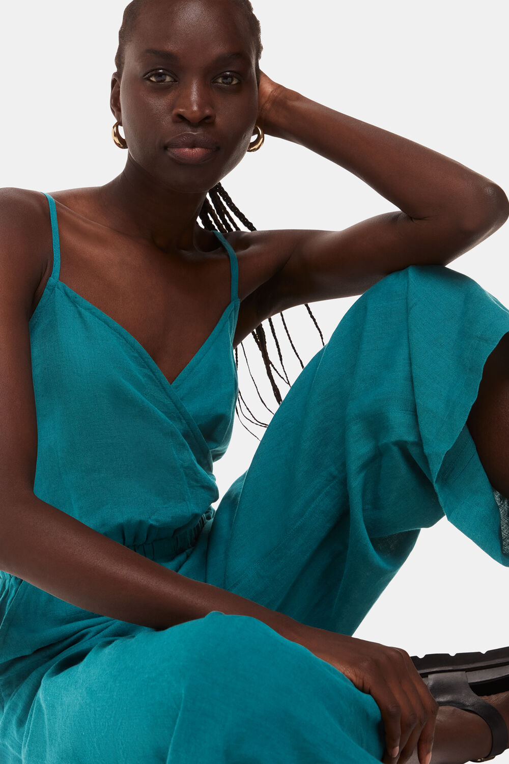Teal Wrap Linen Blend Jumpsuit