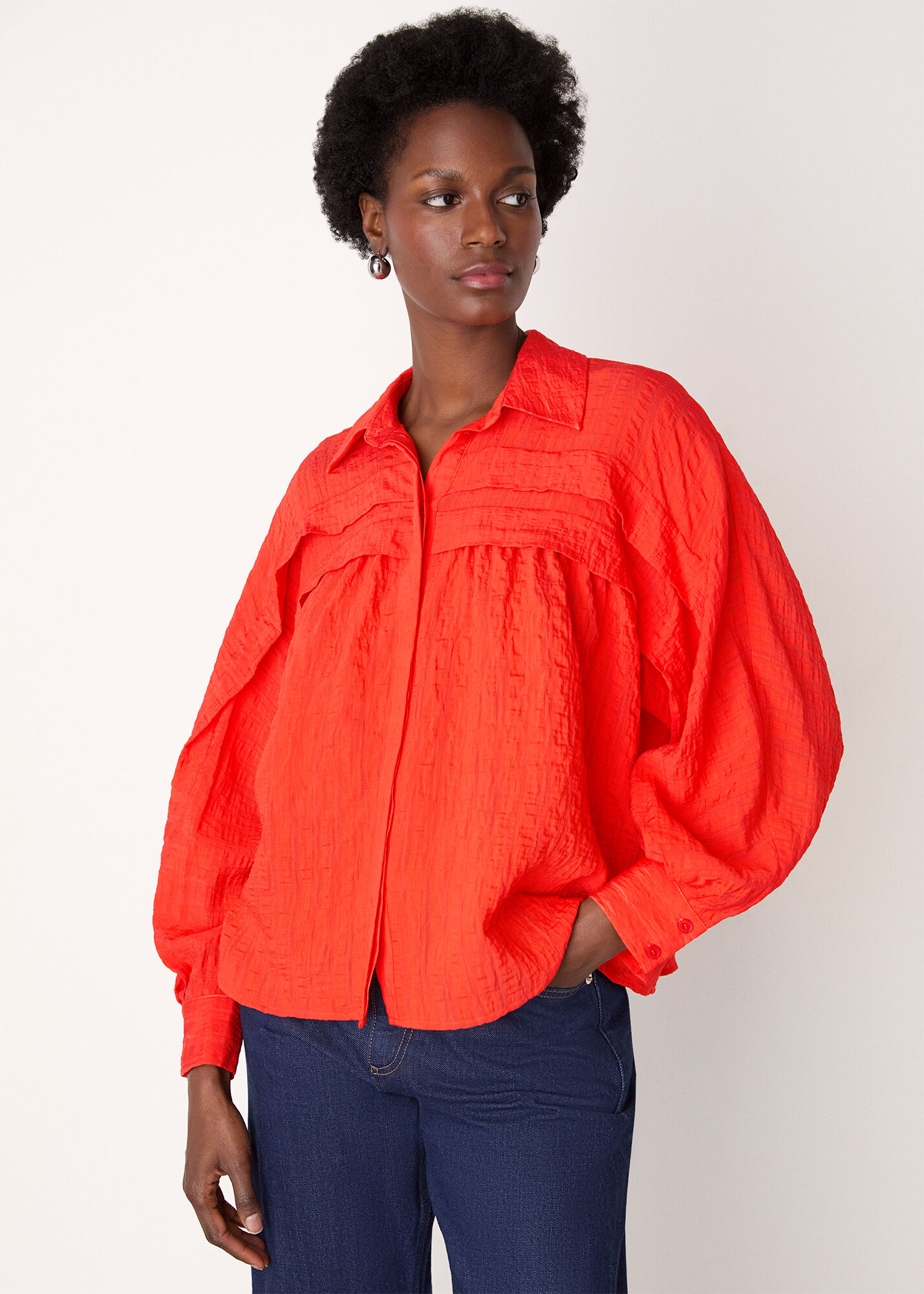 Red Textured Frill Detail Blouse | WHISTLES | Whistles US |