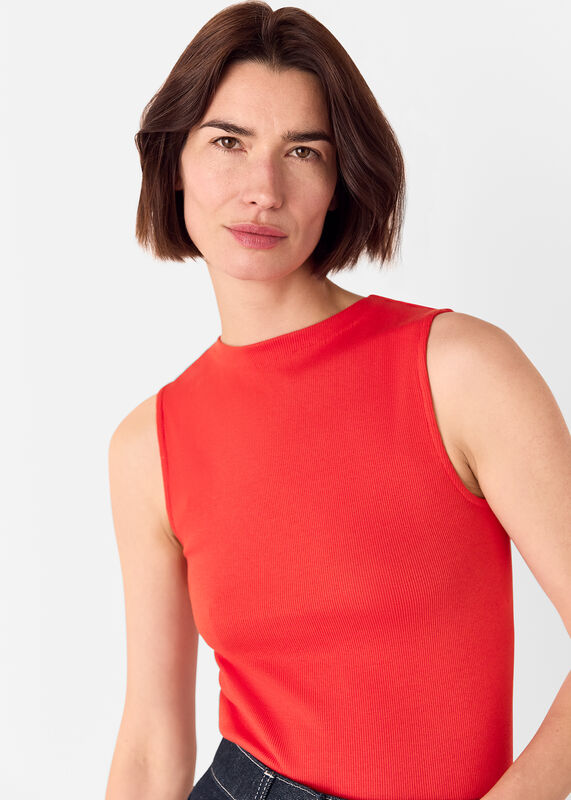 Red High Neck Rib Detail Tee