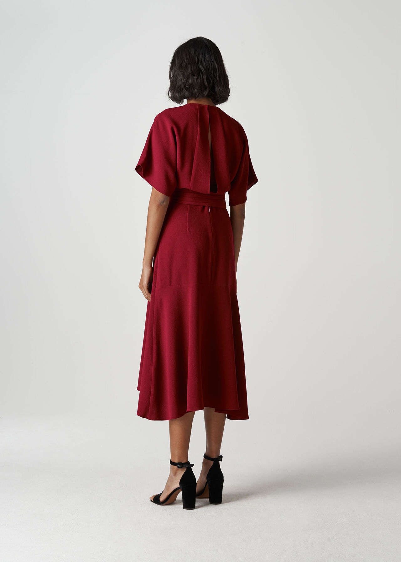 Textured Belted Midi Dress Burgundy