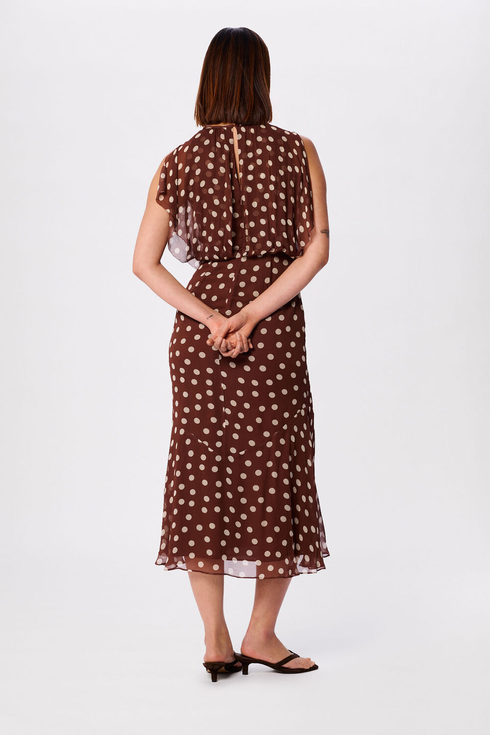 Brown Polka Dot Print Midi Dress