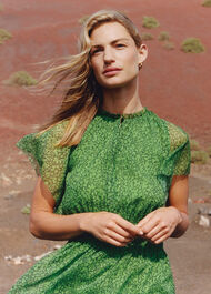 Sketched Floral Frill Dress Green/Multi