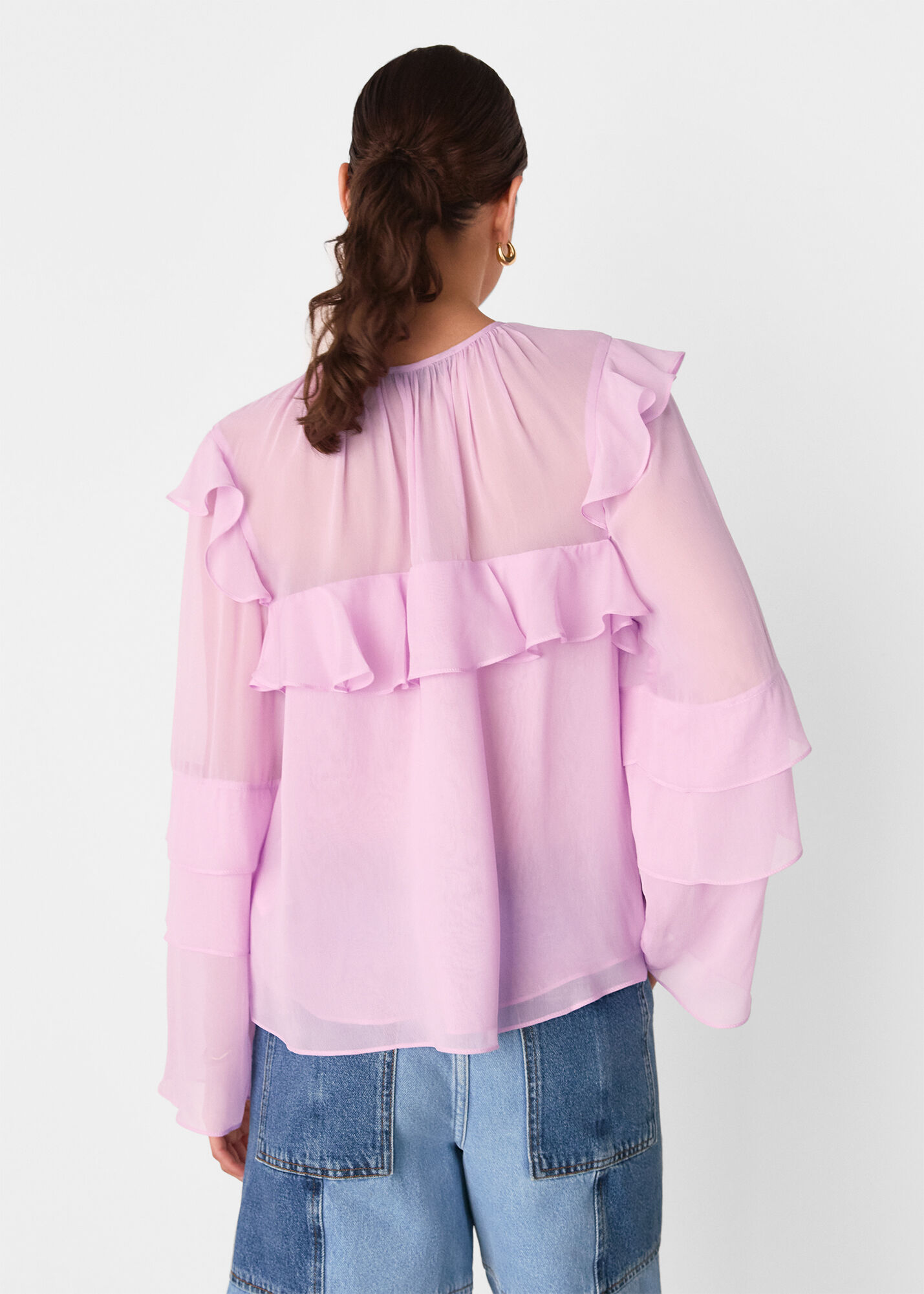 Pale Pink Sheer Tie Neck Frill Blouse | WHISTLES | Whistles US |