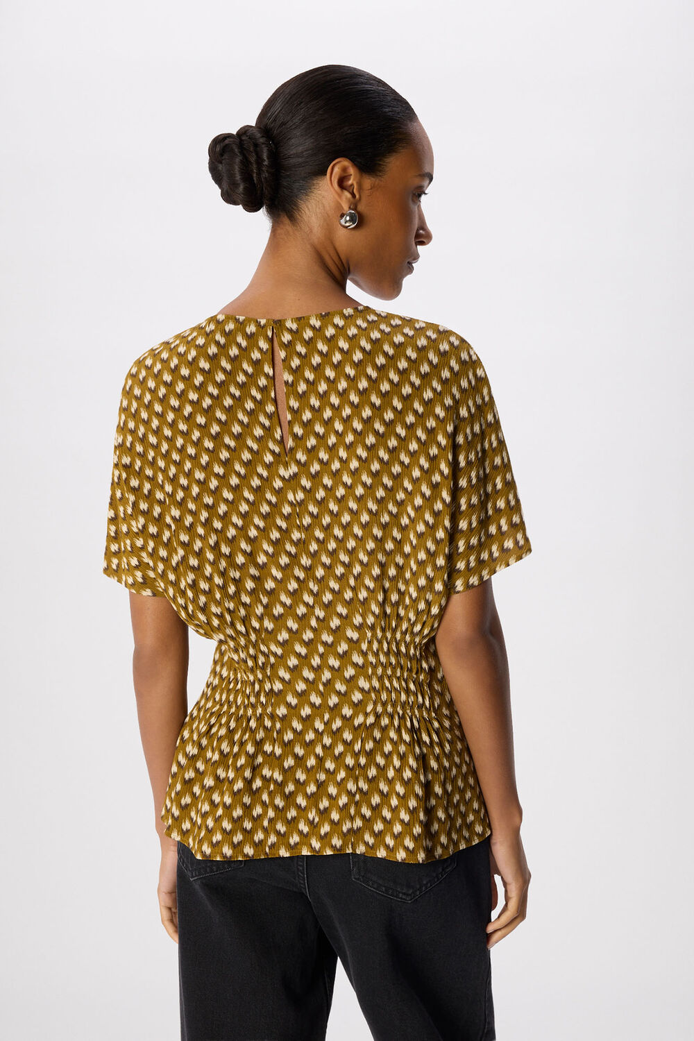Khaki Ikat Spot Shirred Blouse