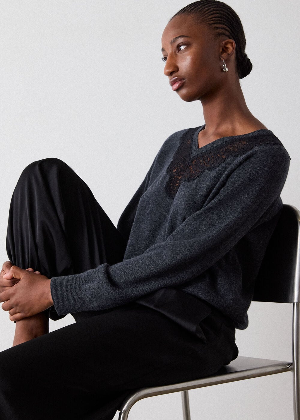 Dark Grey Wool Mix Lace Trim Knit