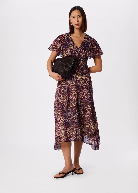 Purple Orchid Print V Neck Midi Dress