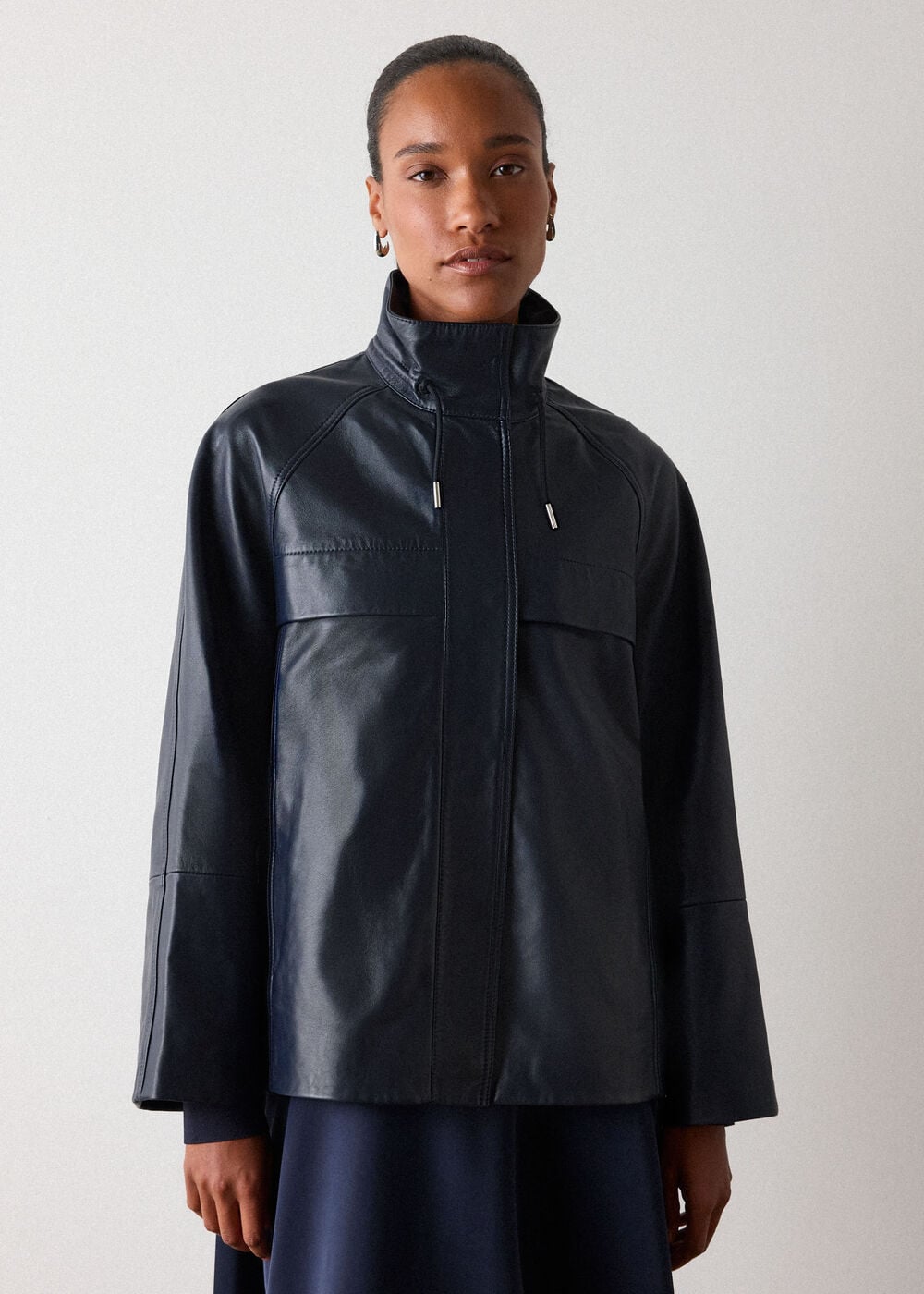 Navy Leather Funnel Neck Anorak