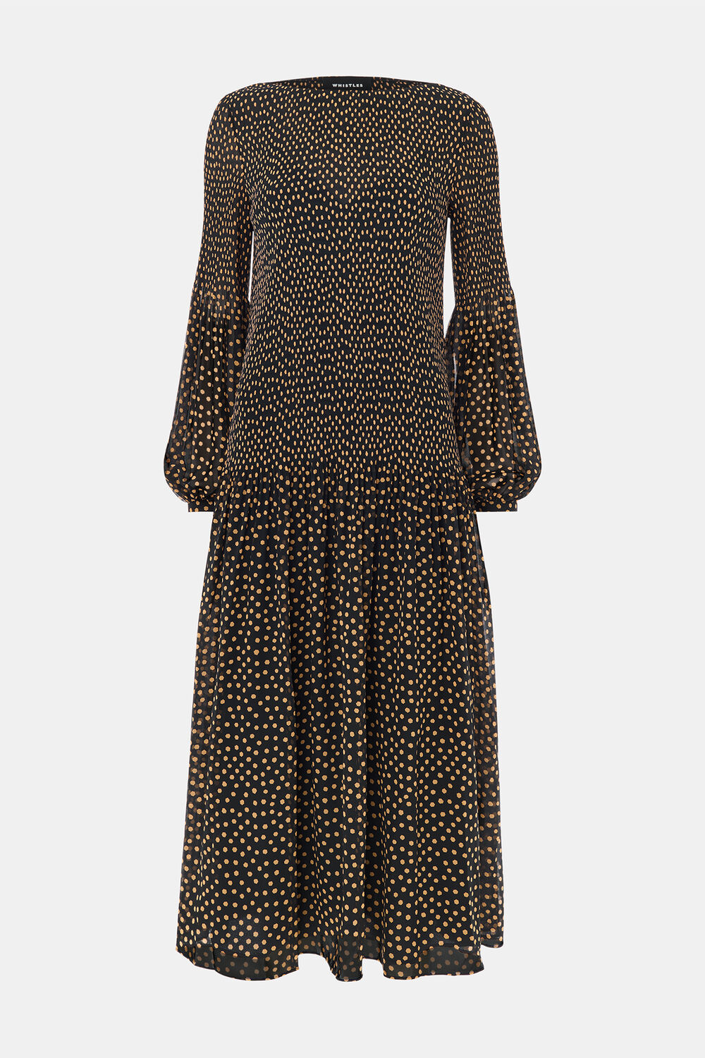 Black Spot Print Plisse Midi Dress