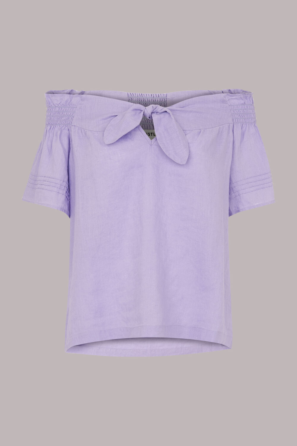 Tie Front Bardot Linen Top Lilac