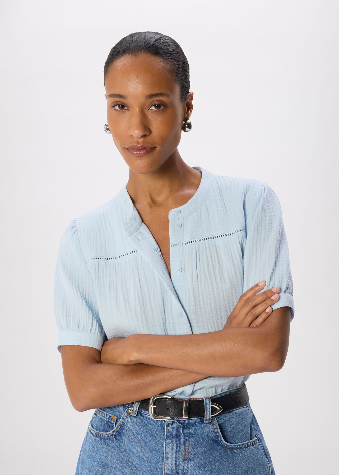 Pale Blue Textured Cotton Frill Top | WHISTLES | Whistles UK |