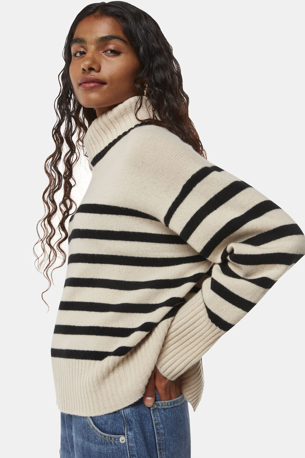 Ivory Petite Stripe Wool Roll Neck