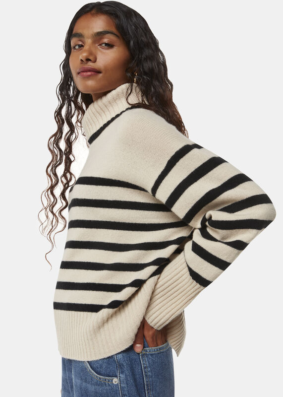 Ivory Petite Stripe Wool Roll Neck