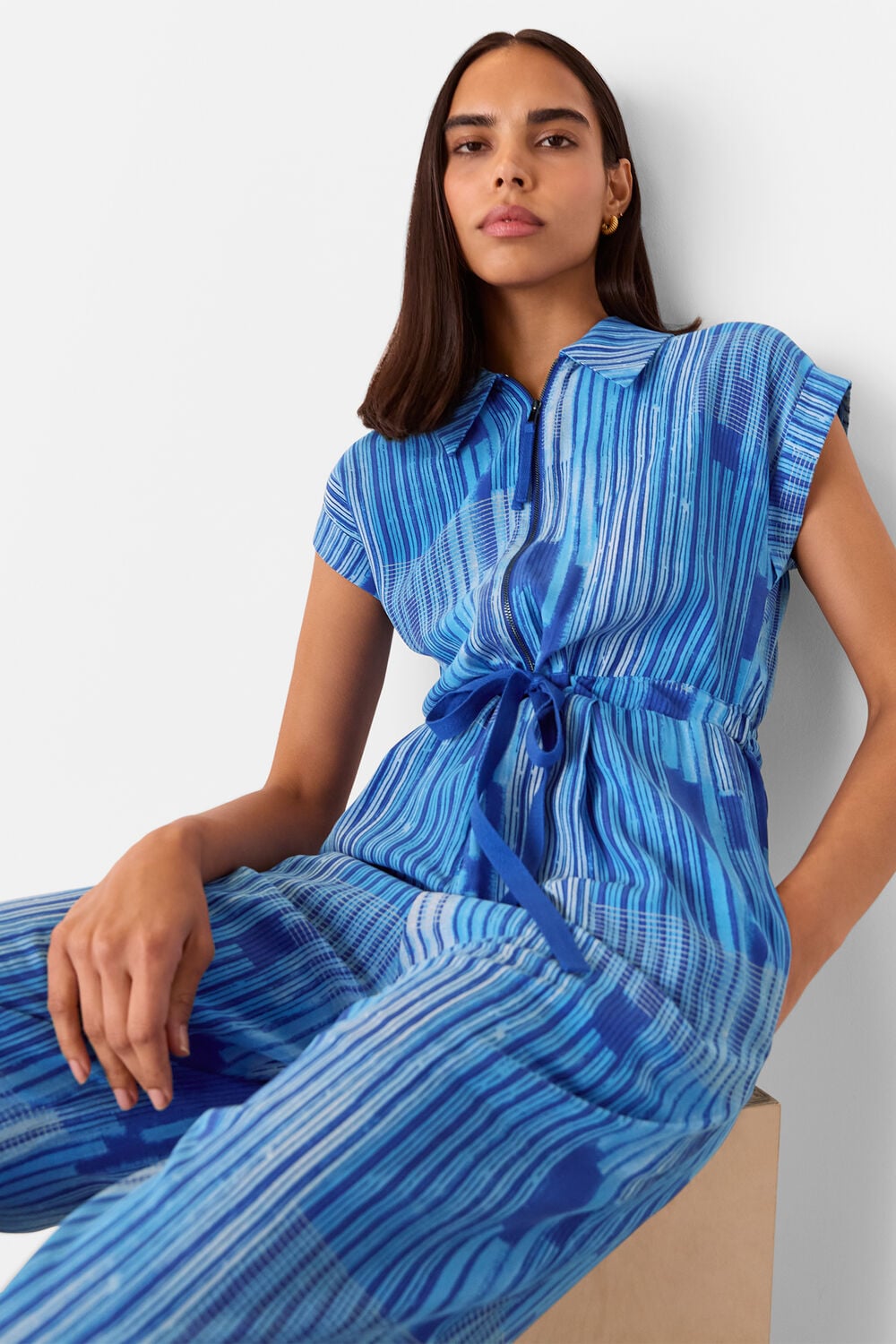 Blue Stripe Print Zip Jumpsuit
