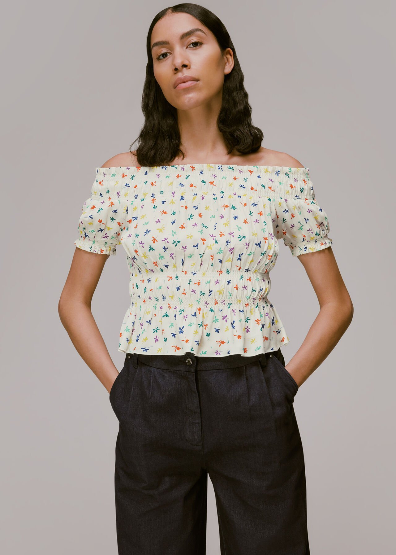 Multicolour Dancing Floral Bardot Top | WHISTLES | Whistles UK