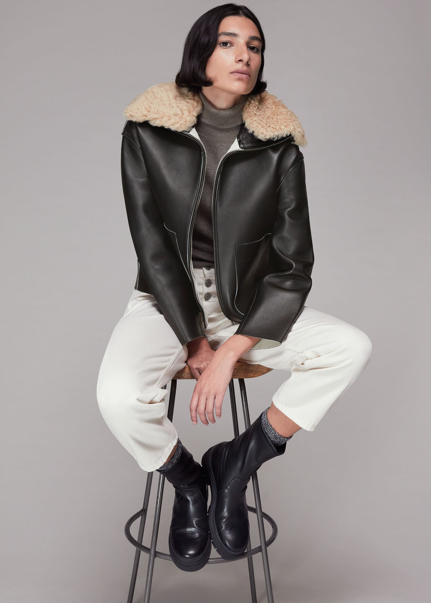 Black Bonded Shearling Collar Jacket WHISTLES Whistles UK
