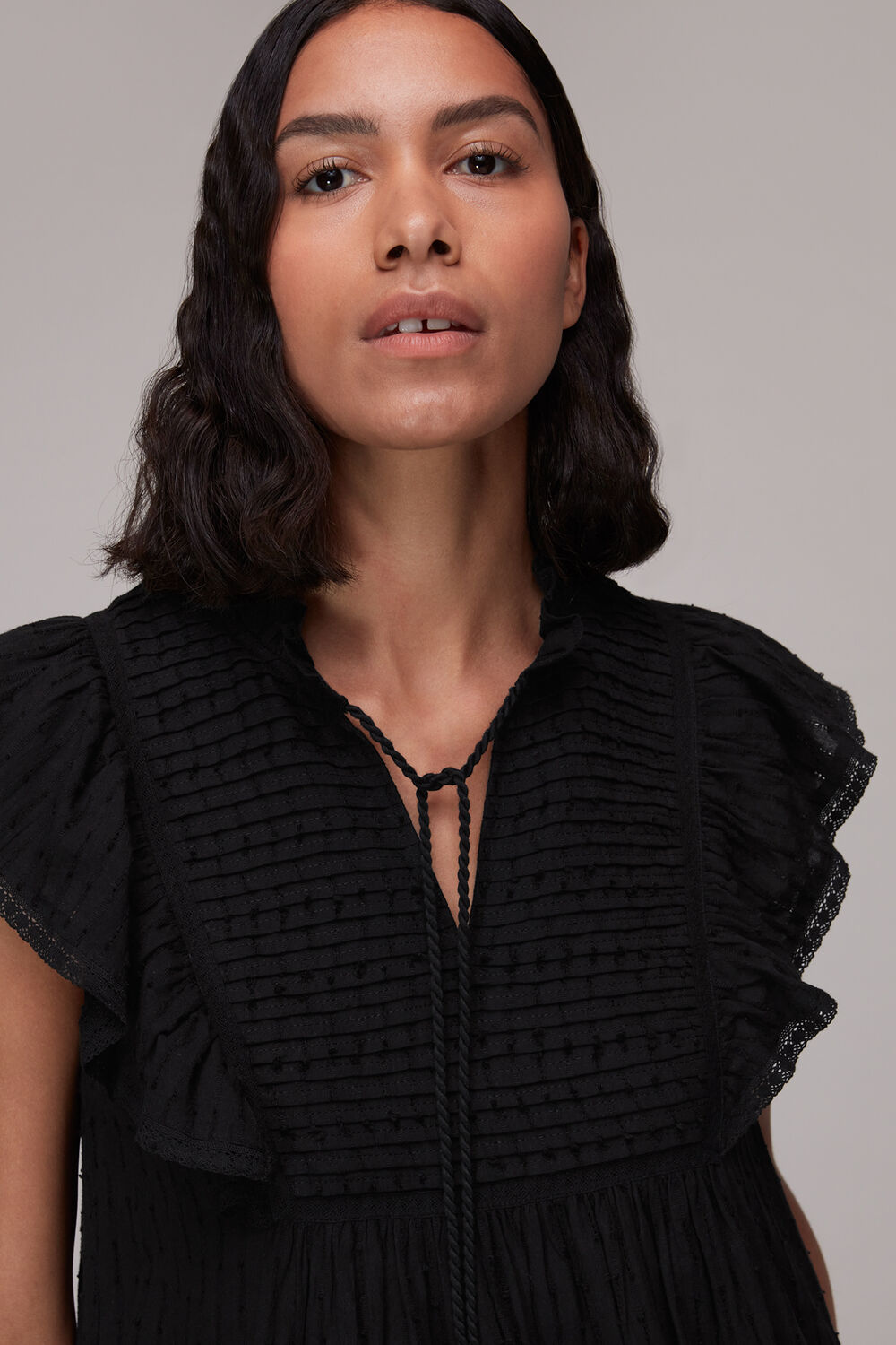 Pintuck Frill Cotton Dress Black