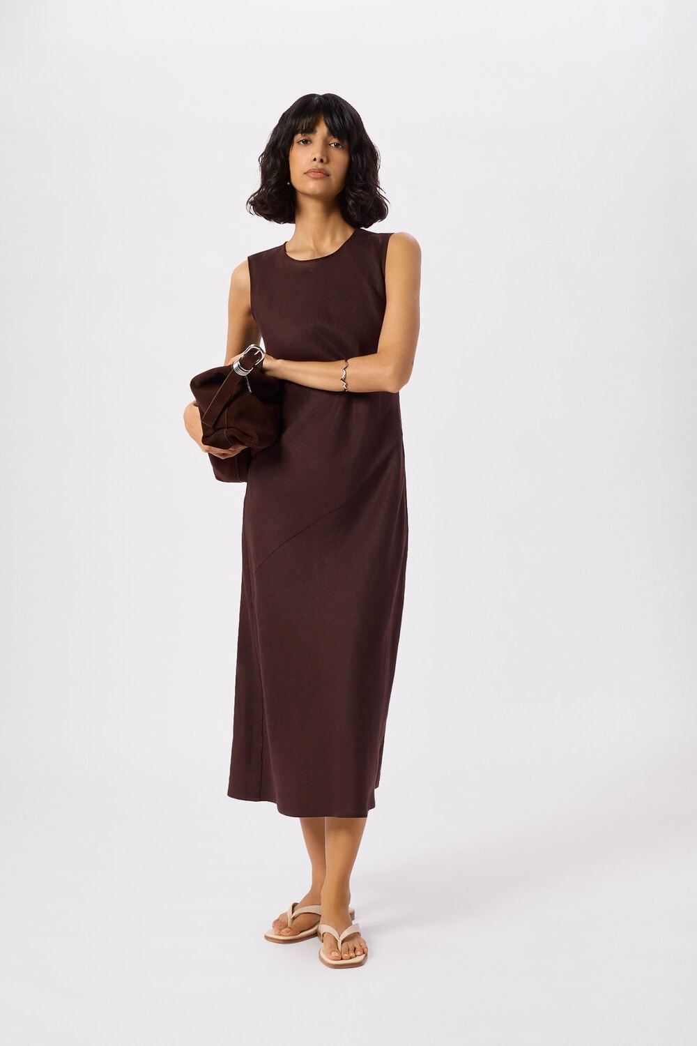Brown Bias Cut Linen Dress