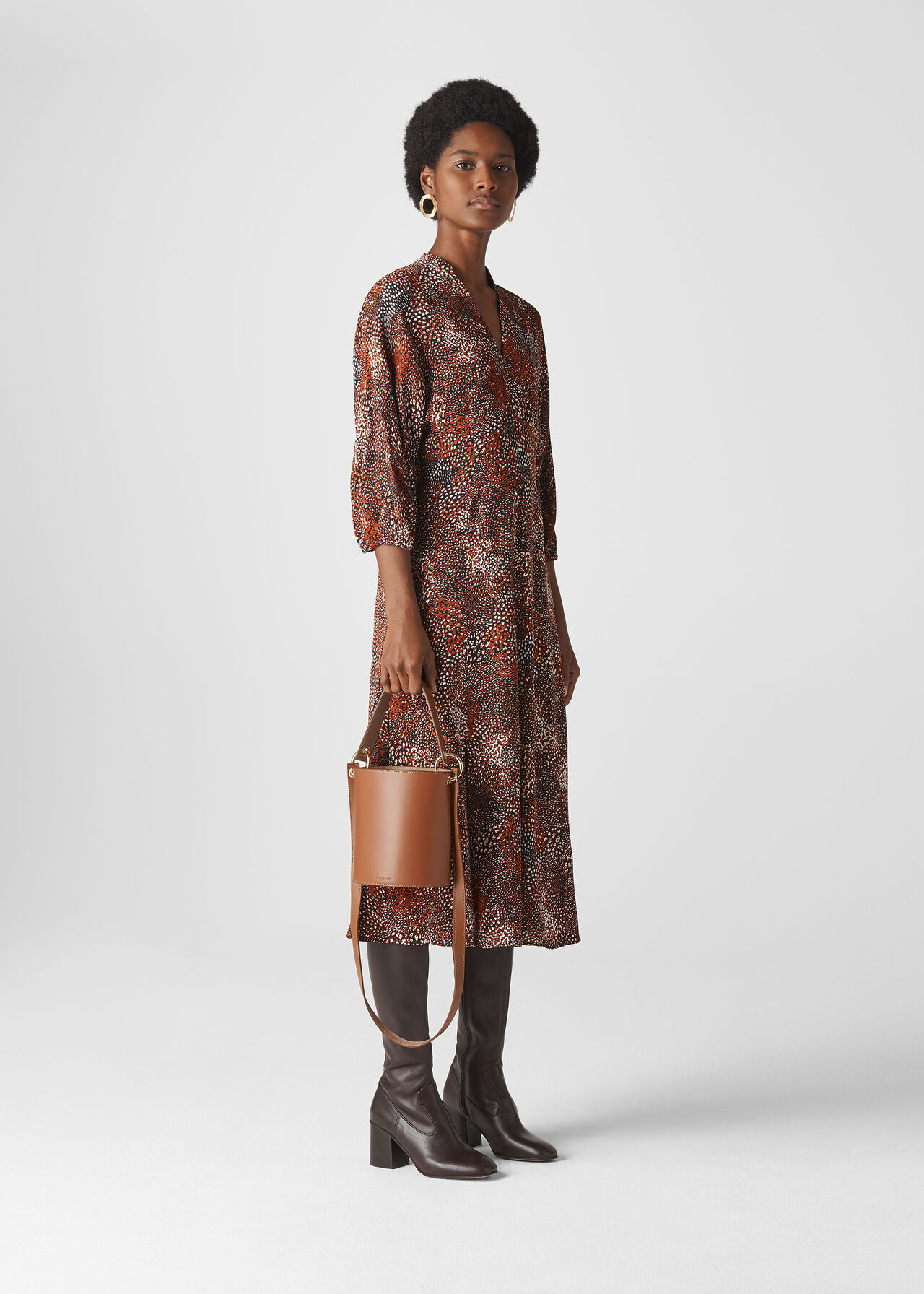 Brown Multi Abstract Animal Midi Dress Whistles Whistles