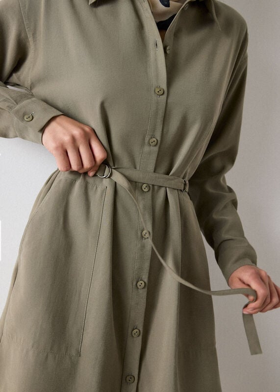 Khaki Ring Detail Shirt Twill Dress