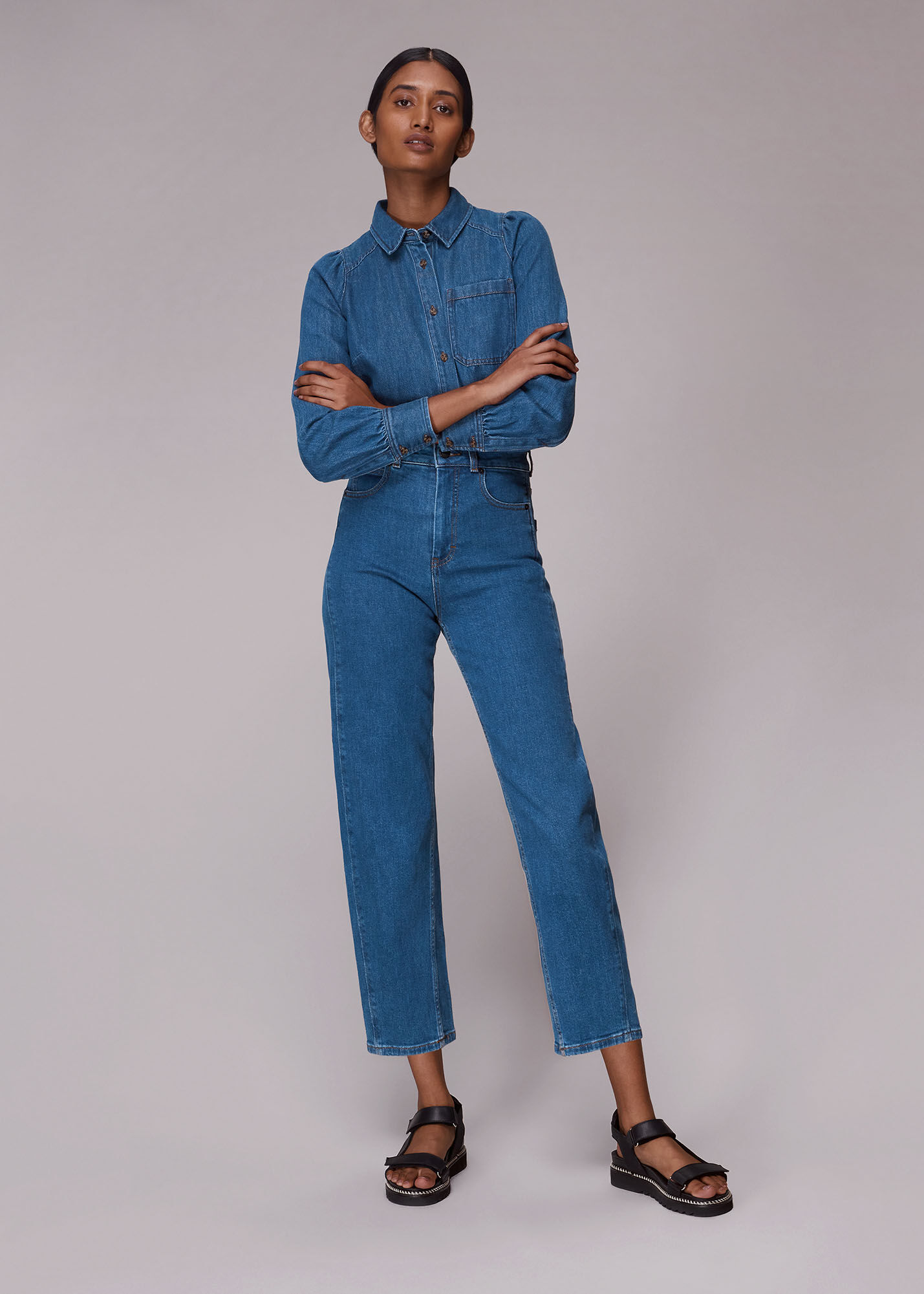 Denim Puff Sleeve Detail Denim Shirt 