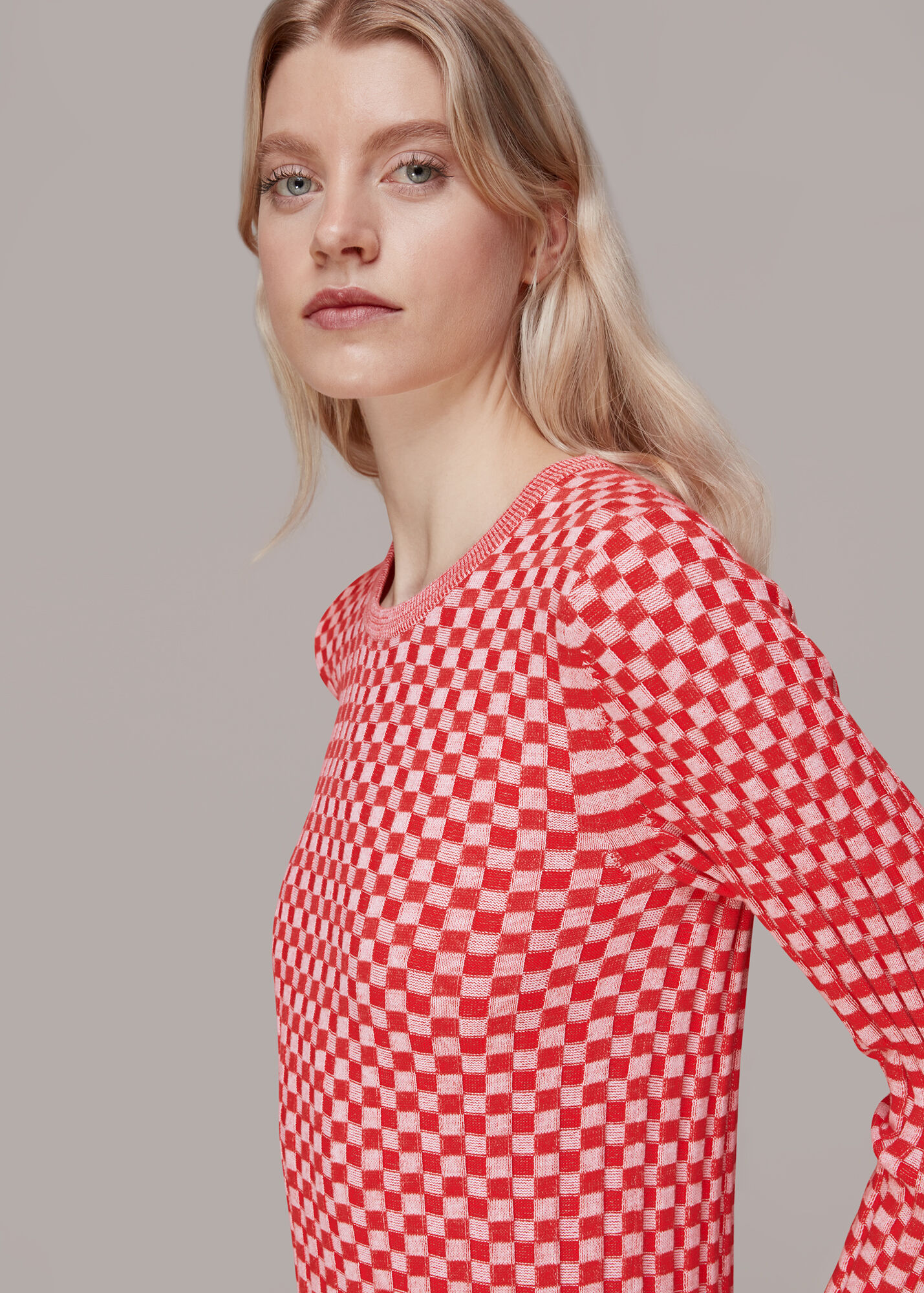 Red/Multi Checkerboard Knit Midi Dress | WHISTLES | Whistles UK
